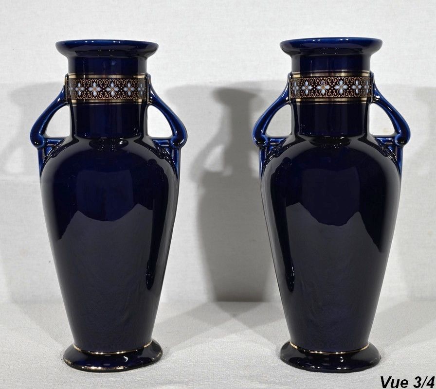 photo buy Pair Of Enamelled Earthenware Vases   Early 20th Century