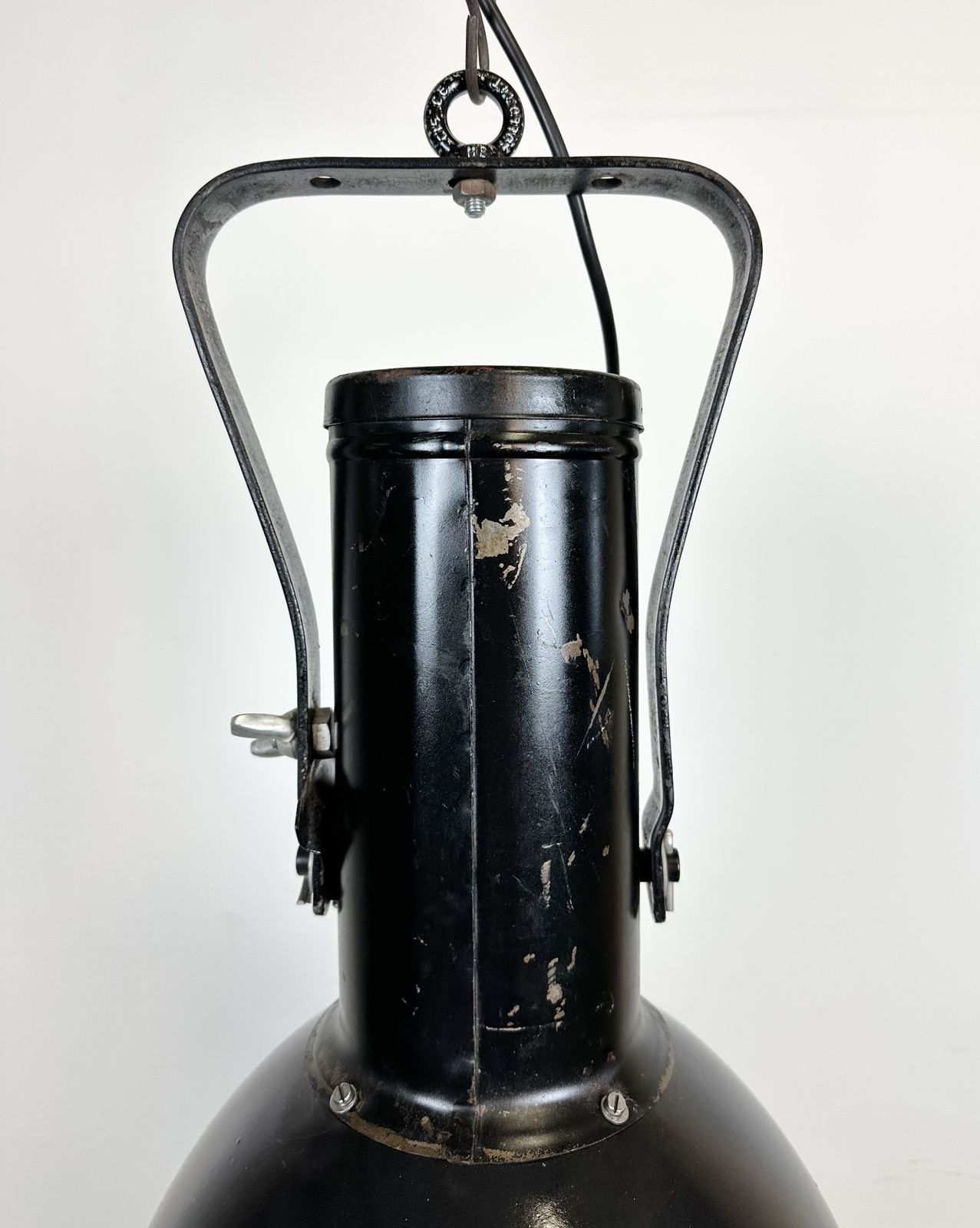 Industrial Black Enamel Factory Spotlight With Convex Glass Cover, 1960s, 5x photo for sale