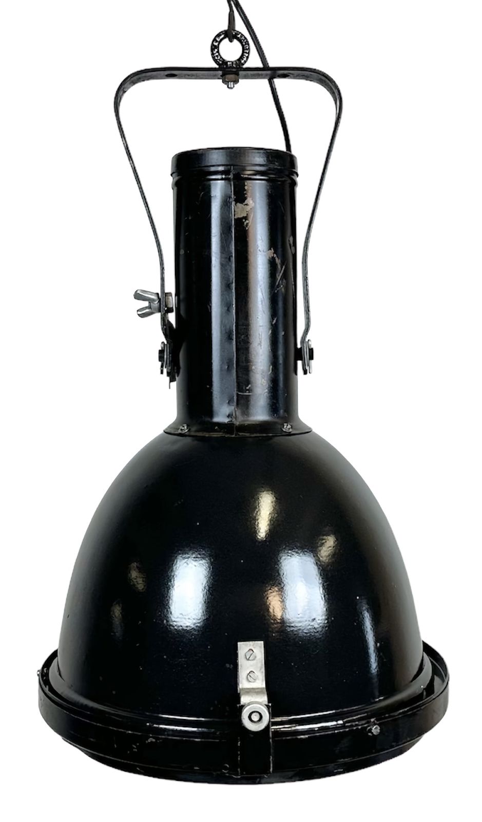 Industrial Black Enamel Factory Spotlight With Convex Glass Cover, 1960s, 5x