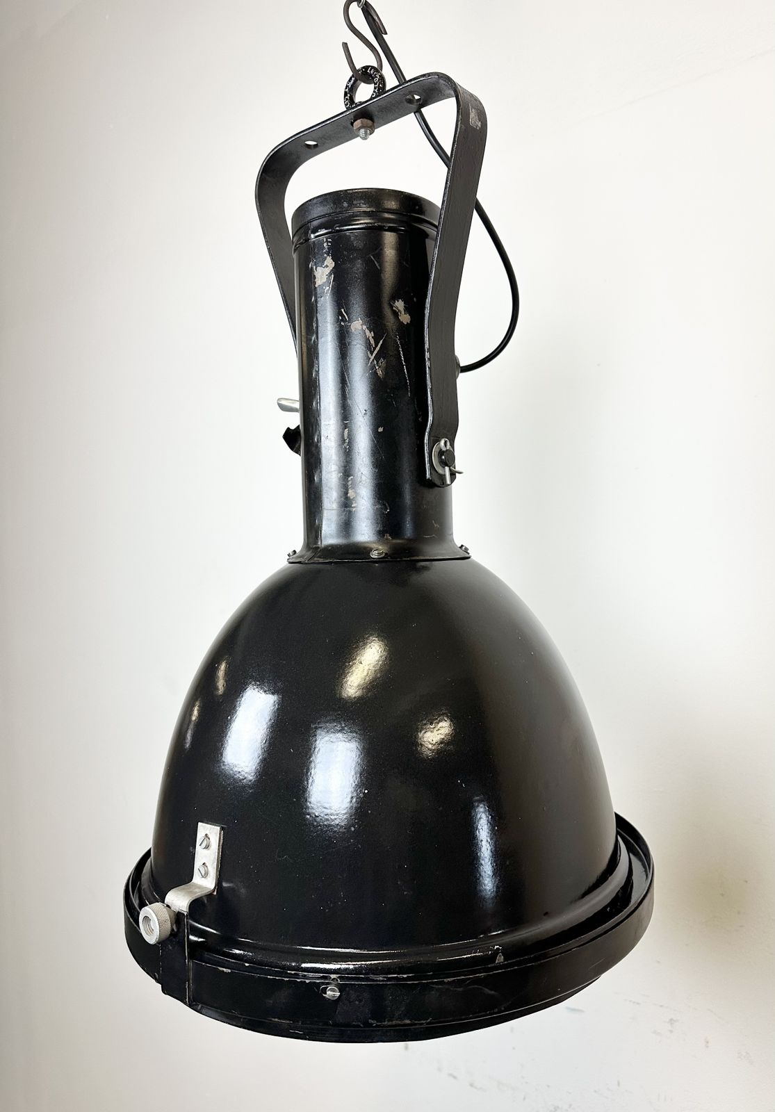 photo for sale Industrial Black Enamel Factory Spotlight With Convex Glass Cover, 1960s, 5x