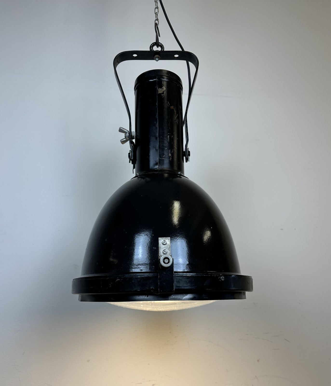 photo buy Industrial Black Enamel Factory Spotlight With Convex Glass Cover, 1960s, 5x