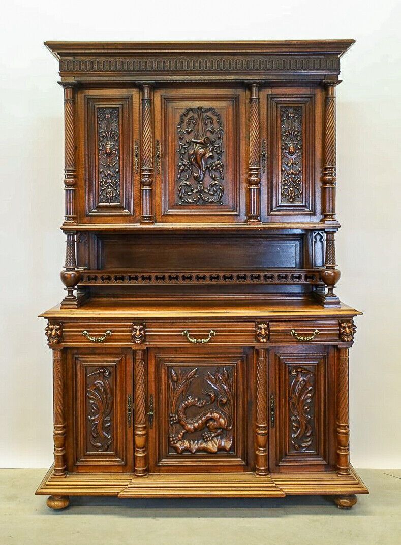 Heavily Detailed Carved Dark Oak Buffet Dragon Carvings