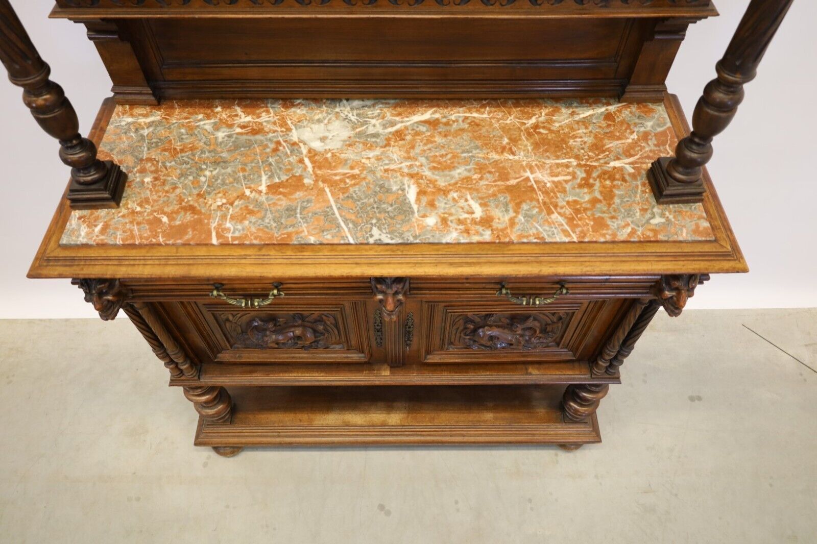 Heavily Detailed Marble Top Concave Dragon Carved Oak Tall Buffet photo buy