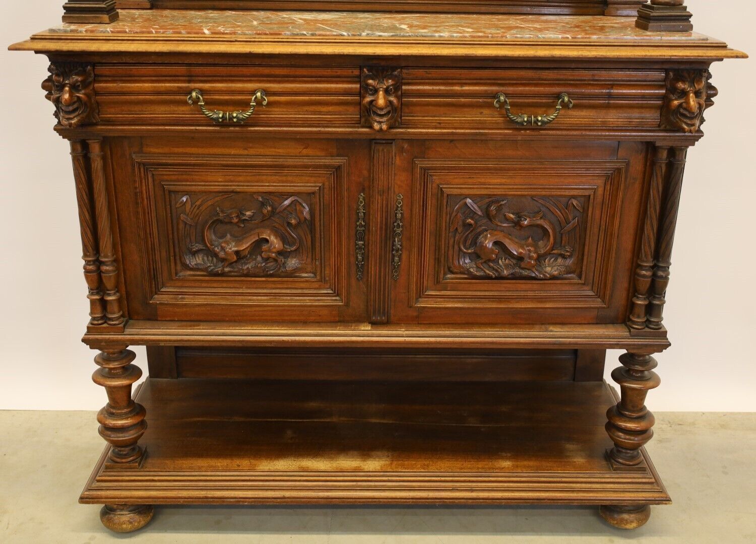 photo furniture Heavily Detailed Marble Top Concave Dragon Carved Oak Tall Buffet