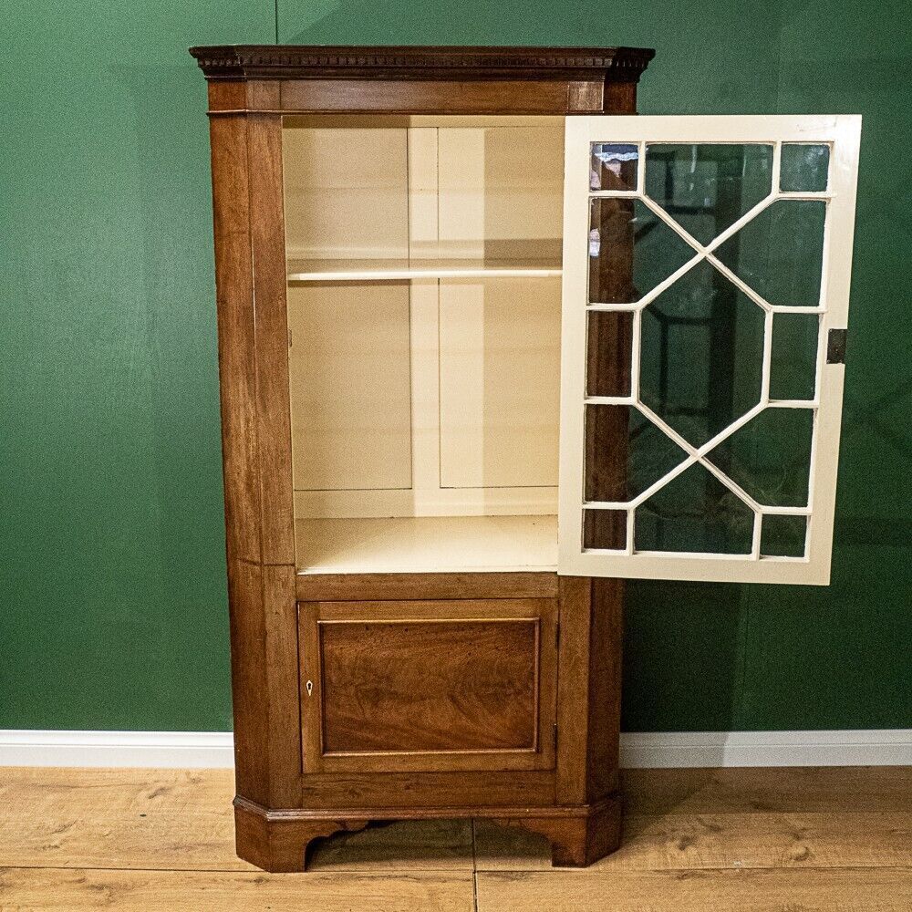 photo furniture Beautiful Art Deco Oak Glass Door Display Cabinet With Dentil Moulding