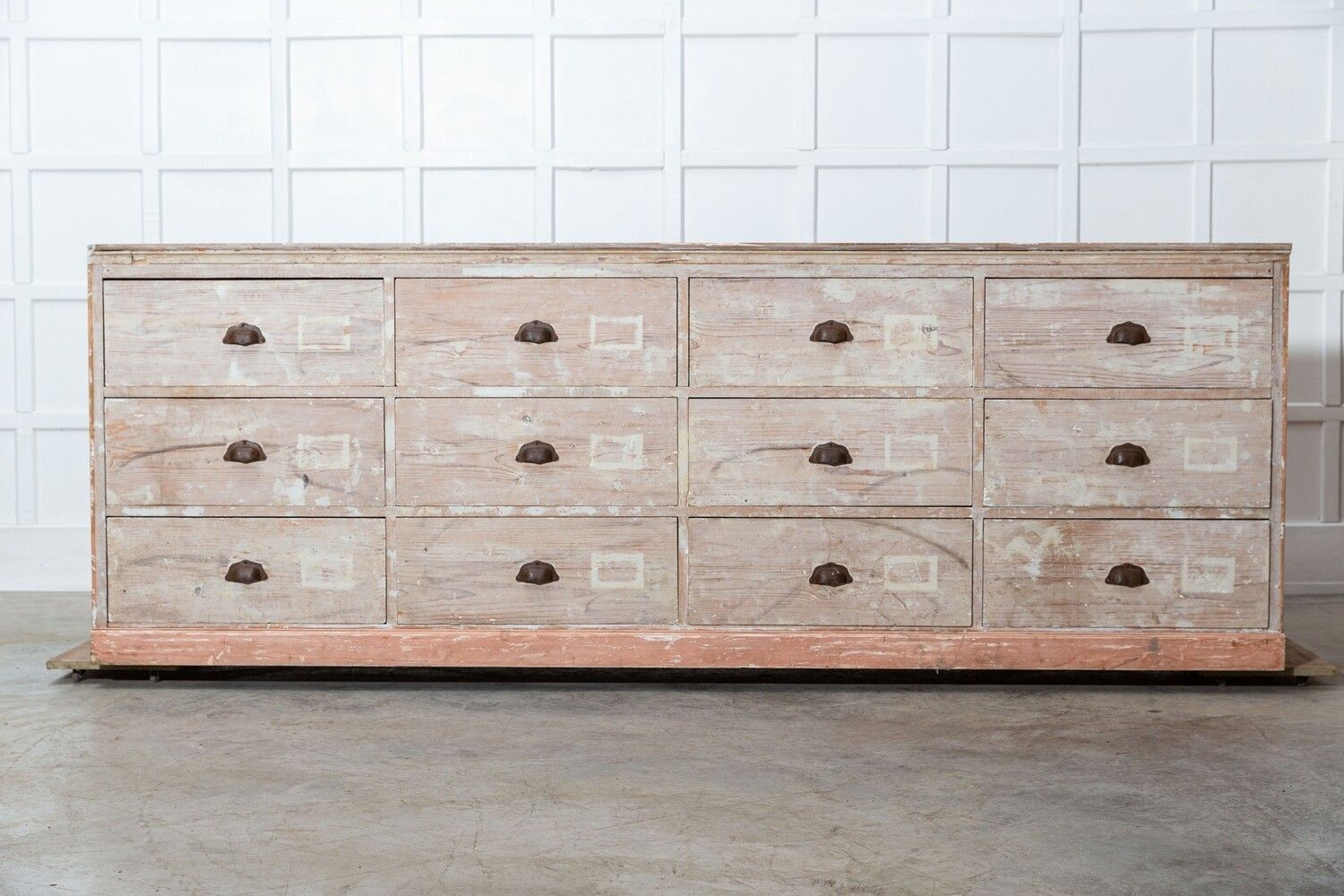 19thc Monumental Dry Scraped French Bank Of Pine Drawers