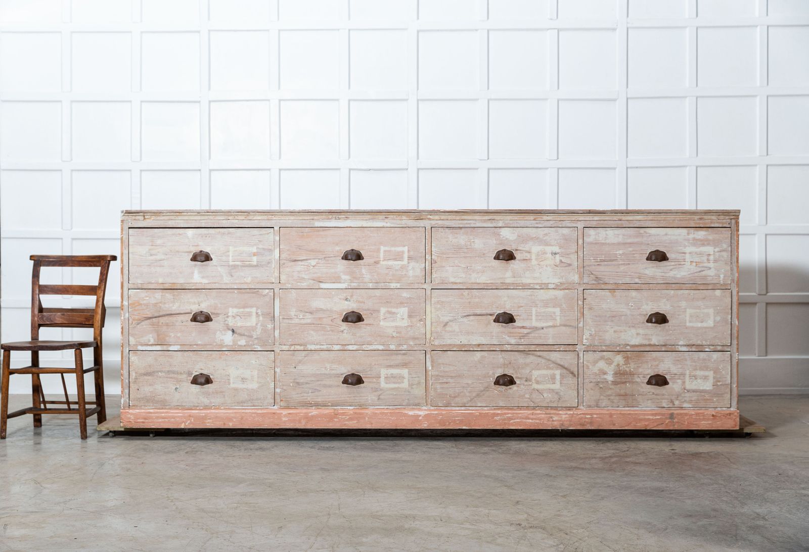 19thc Monumental Dry Scraped French Bank Of Pine Drawers photo for sale
