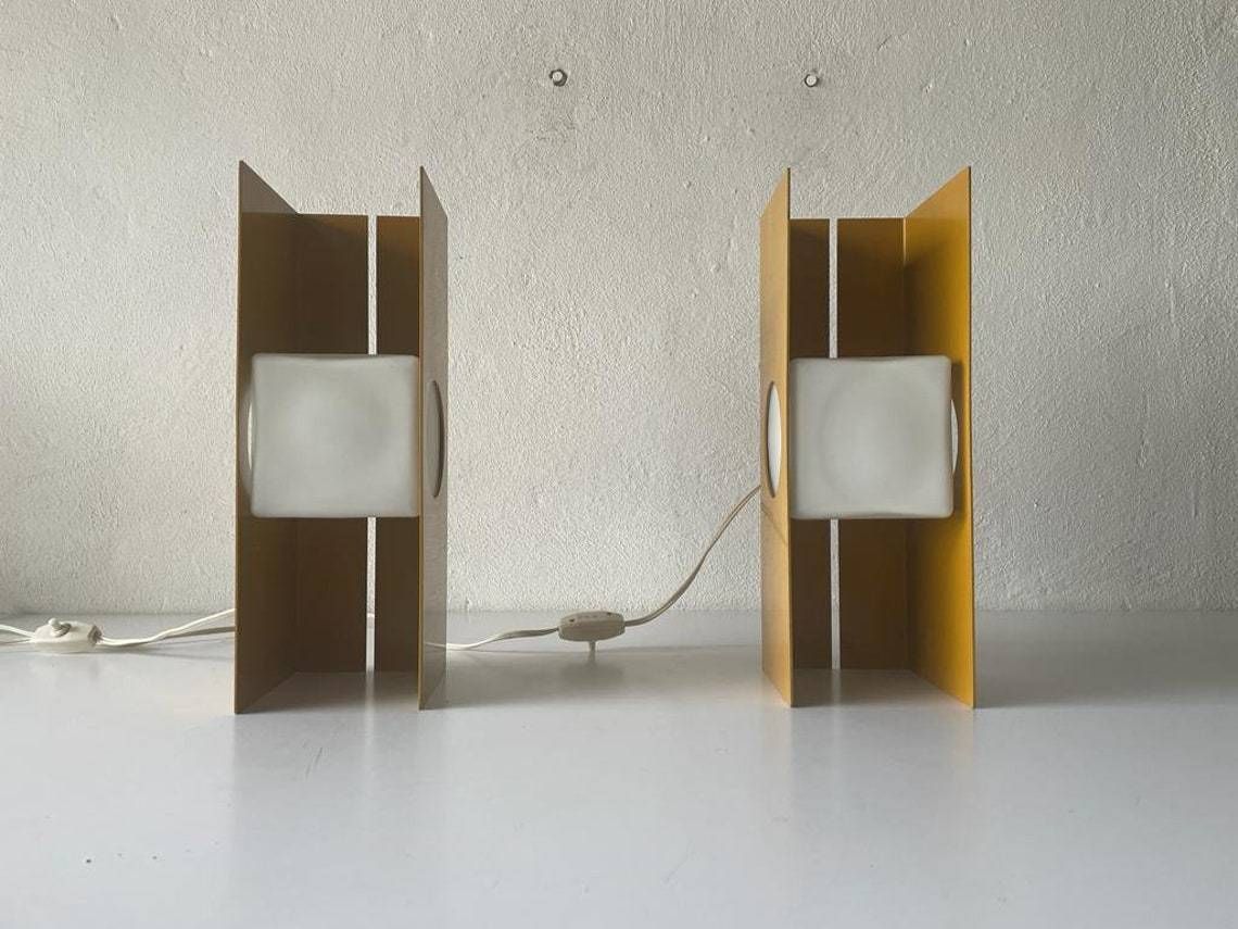 Pair Of Yellow Metal Body And Opal Cube Glass Space Age Pair Of Italian Table Lamps By Luci, 1970s, Italy photo for sale