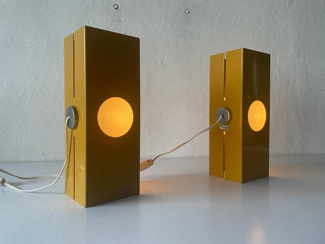 Pair Of Yellow Metal Body And Opal Cube Glass Space Age Pair Of Italian Table Lamps By Luci, 1970s, Italy photo 2155.12