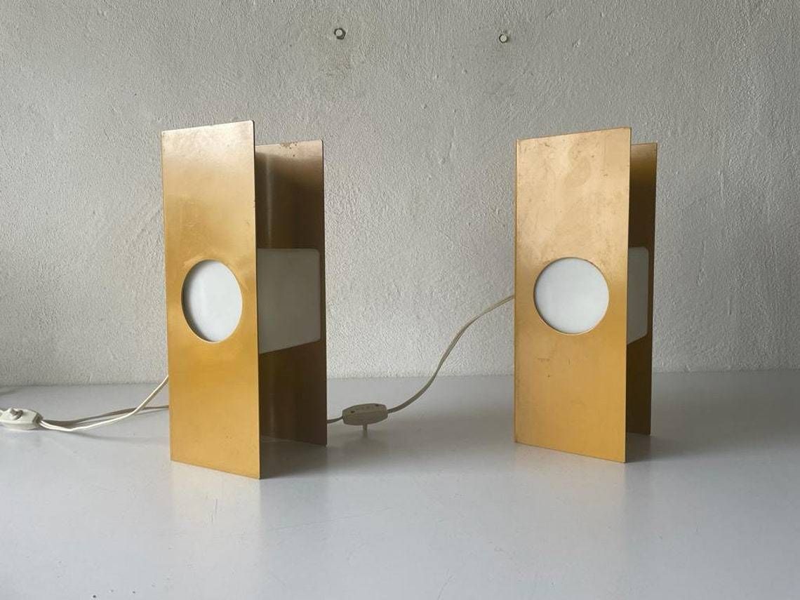 Pair Of Yellow Metal Body And Opal Cube Glass Space Age Pair Of Italian Table Lamps By Luci, 1970s, Italy photo vinterior