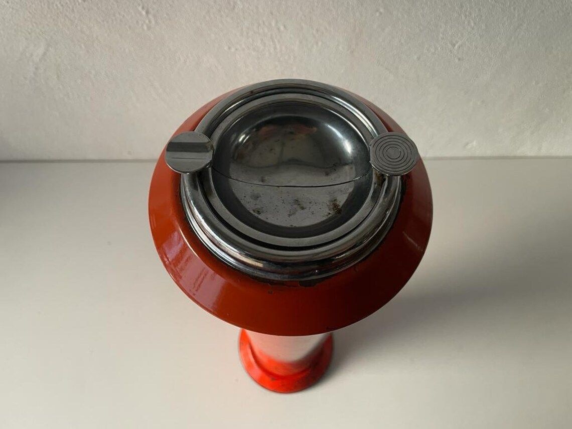 Wonderful Italian Orange Metal Cylindrical Industrial Ashtray, 1970s, Italy photo 987.04