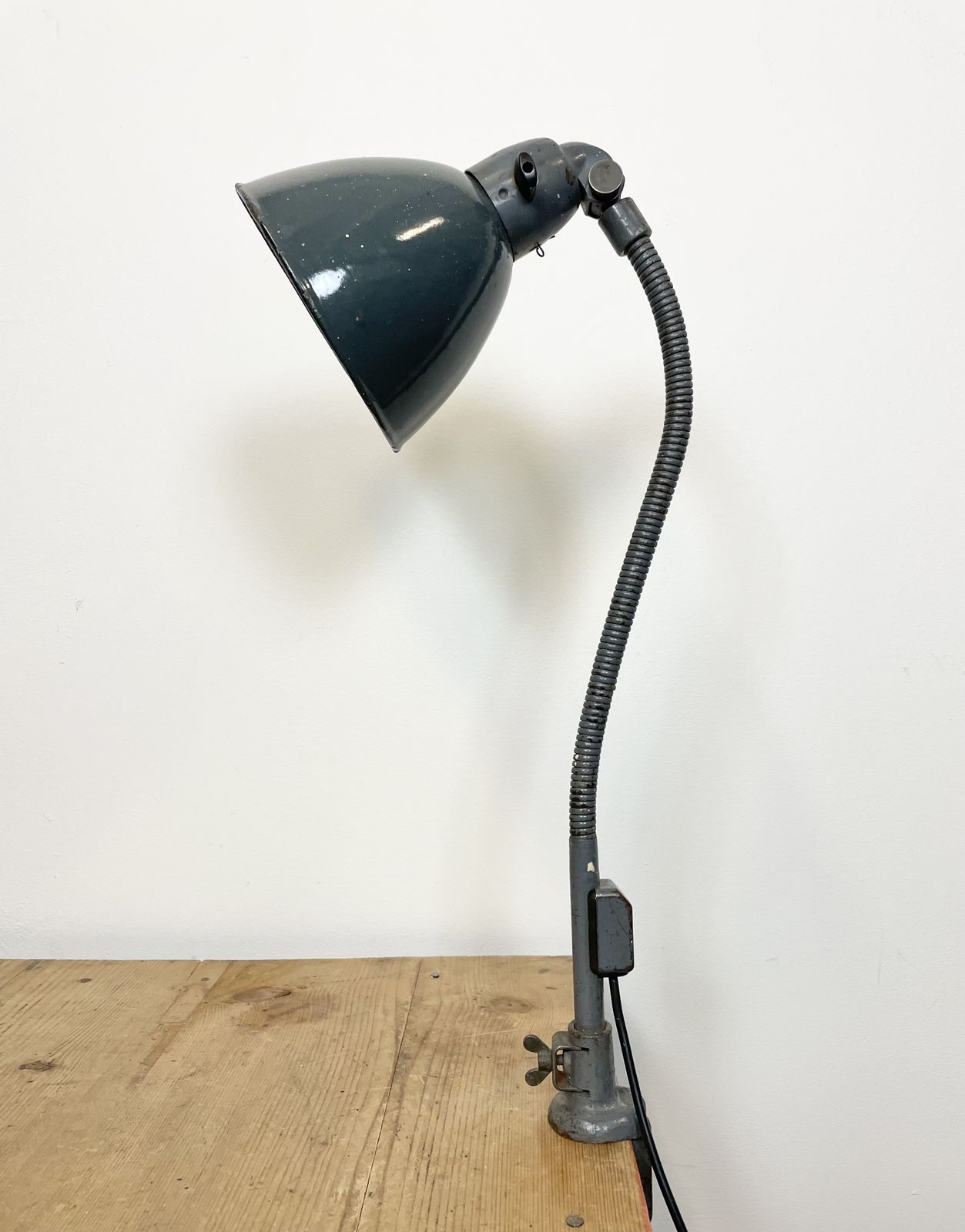 Industrial Grey Enamel Gooseneck Desk Lamp From Siemens, 1950s photo vintage
