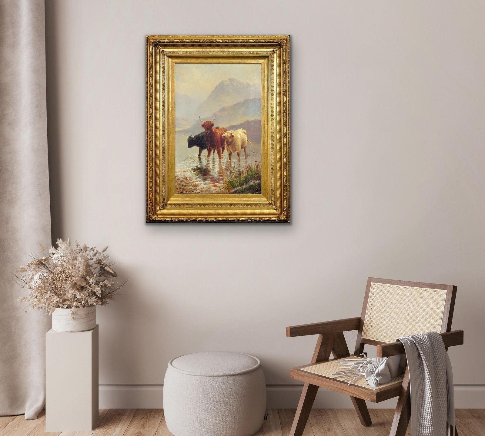 photo vintage Henry Robinson Hall 1857 To 1927. Highland Cattle In A Scottish Loch. Circa 1890. Framed High Victorian Scotland Oil Painting.