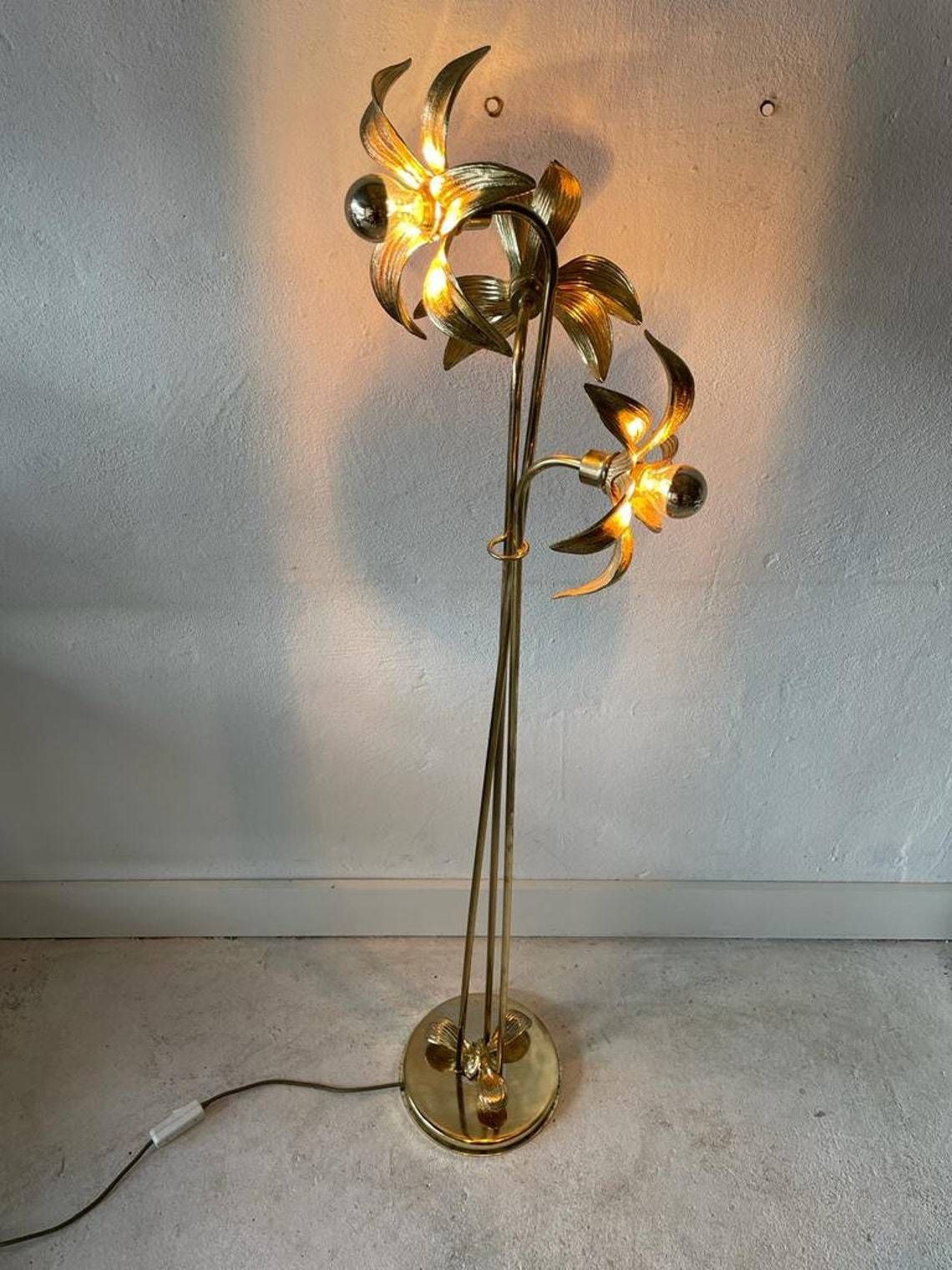 Mid Century Modern Wonderful Triple Flower Shade Full Brass Floor Lamp By Willy Daro For Massive 1970s Germany photo for sale