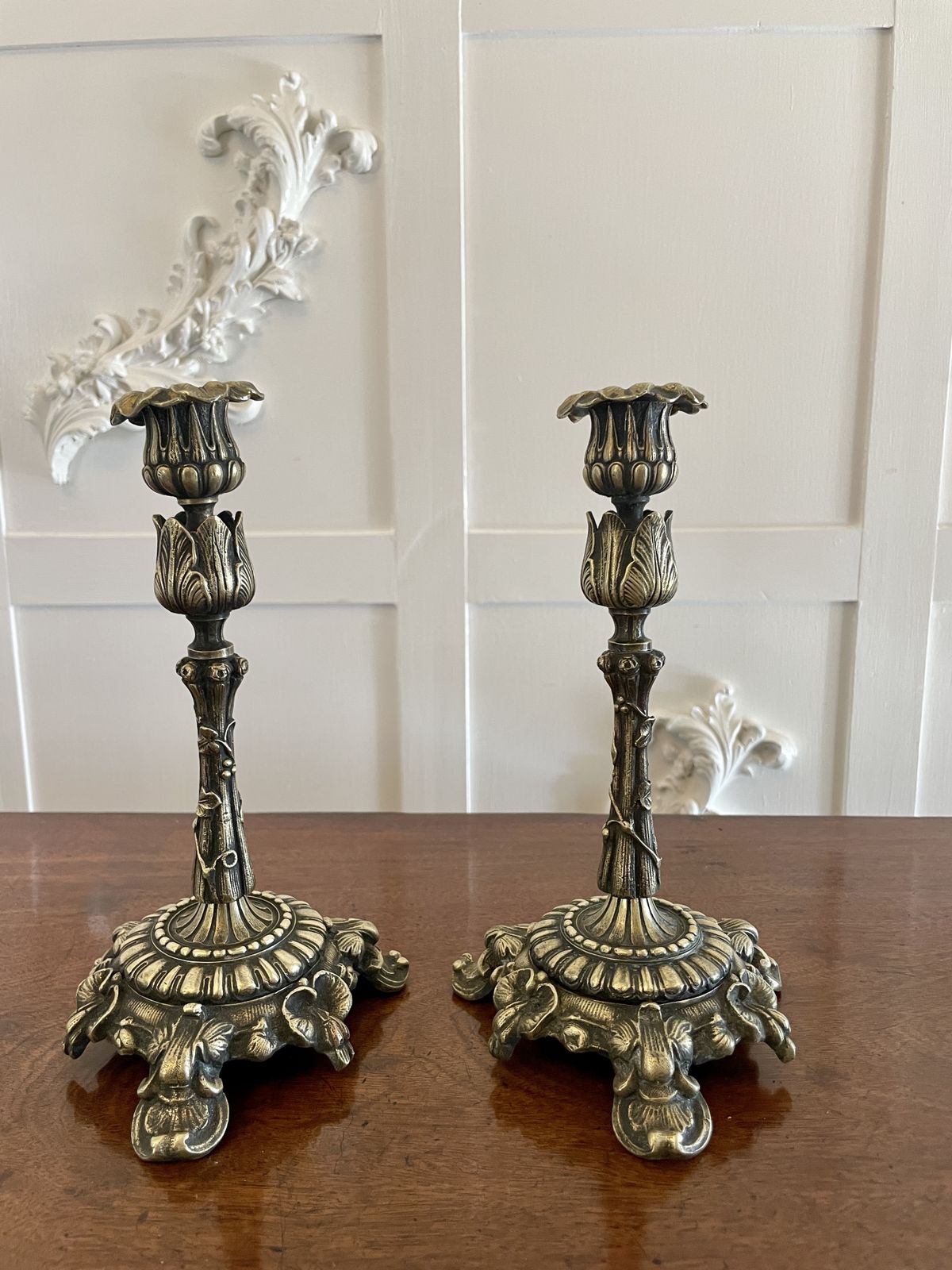 Pair Of Antique 19th Century Quality Ornate Brass Candlesticks