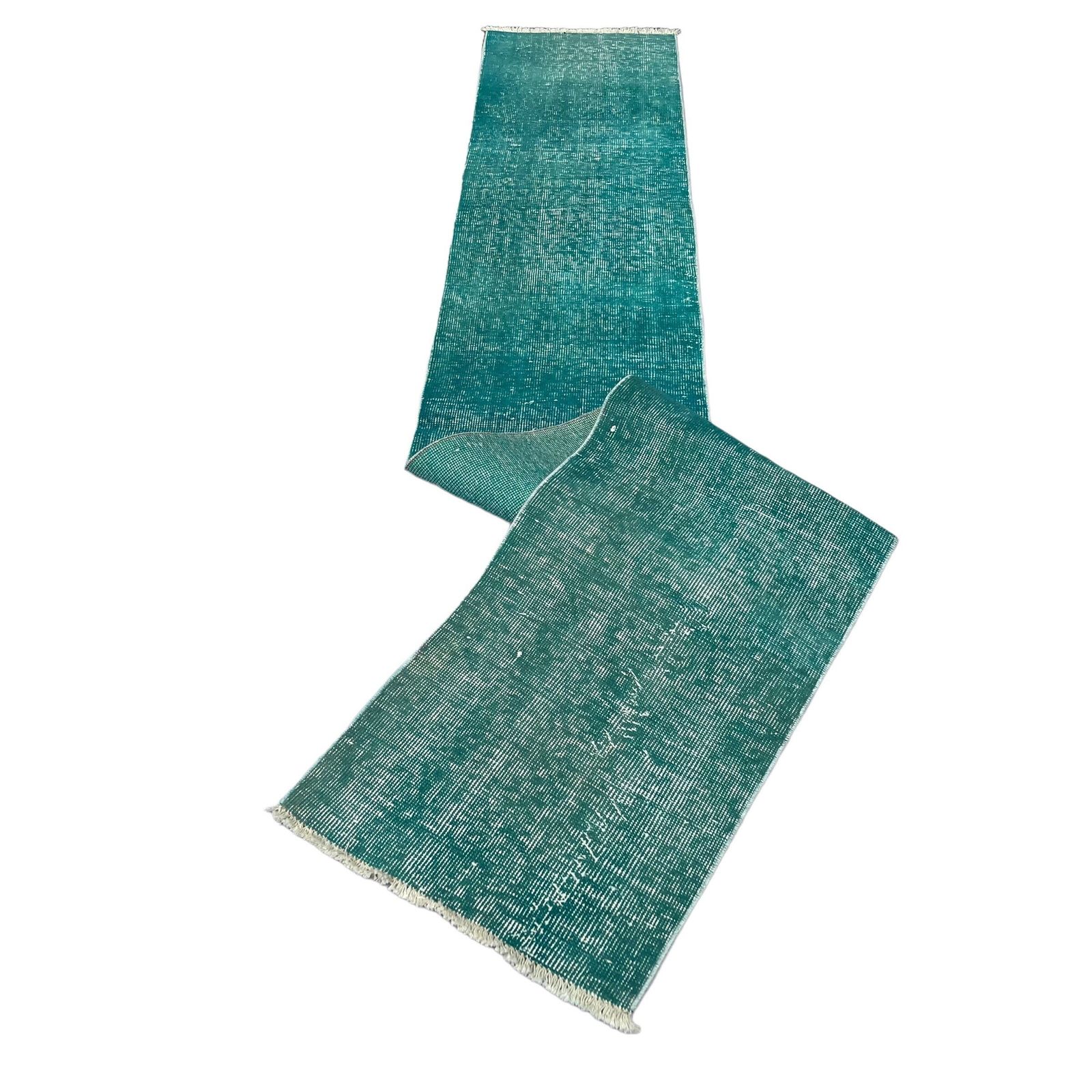 photo for sale Distressed Turkish Narrow Runner Wool Vintage Rug Runner, Overdyed Green Rug Runner