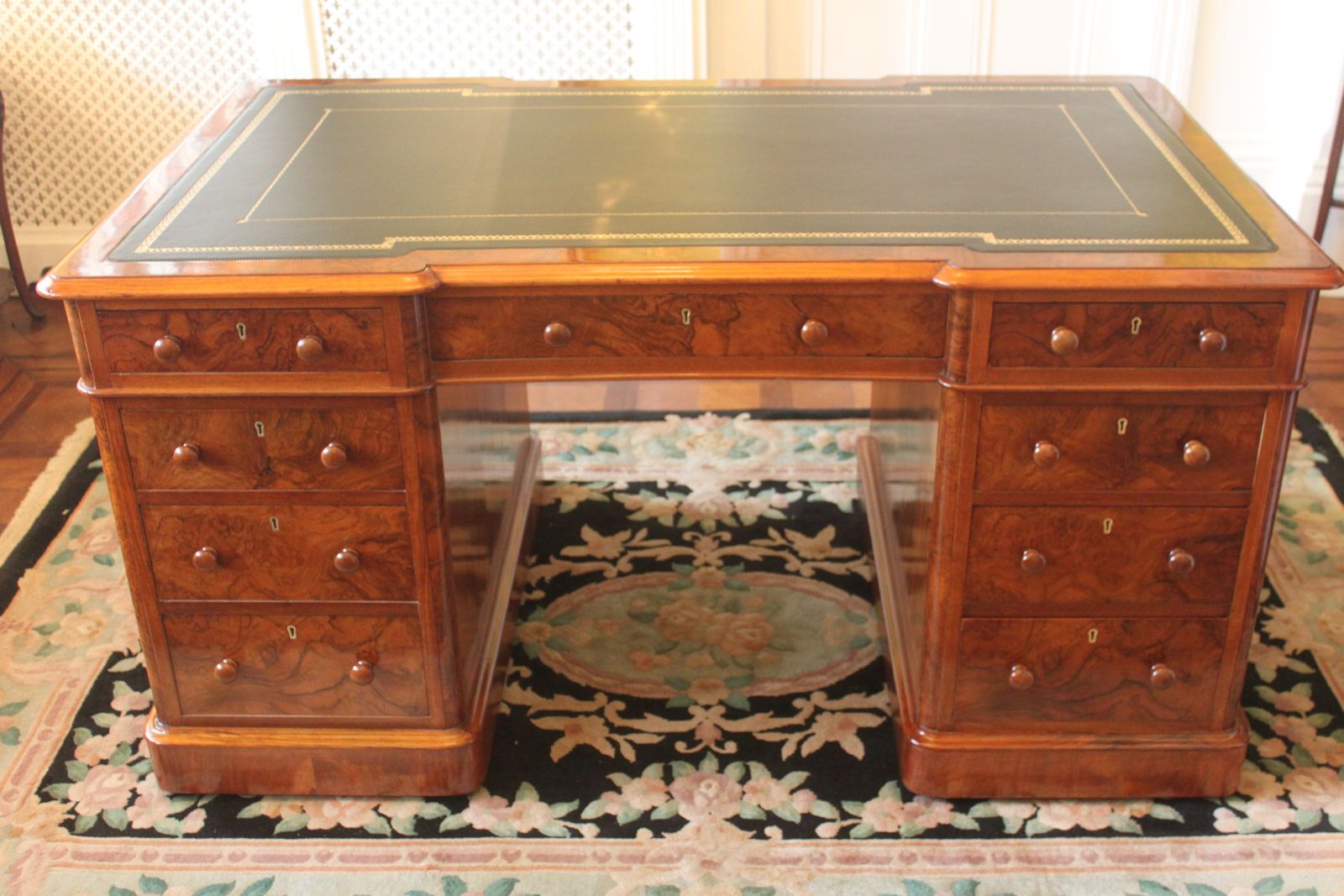 A Rare Victorian Burr Walnut Partners Desk By Edwards & Roberts