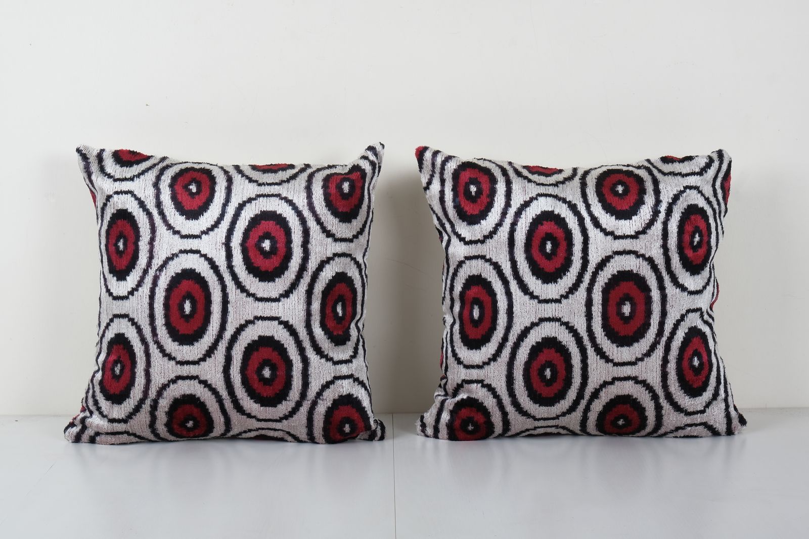 Square Silk Ikat Velvet Cover   Set Of Two Red Polka Dot Velvet Pillow Cover   Pair Ethnic Designer Cushion 18'' X 18''
