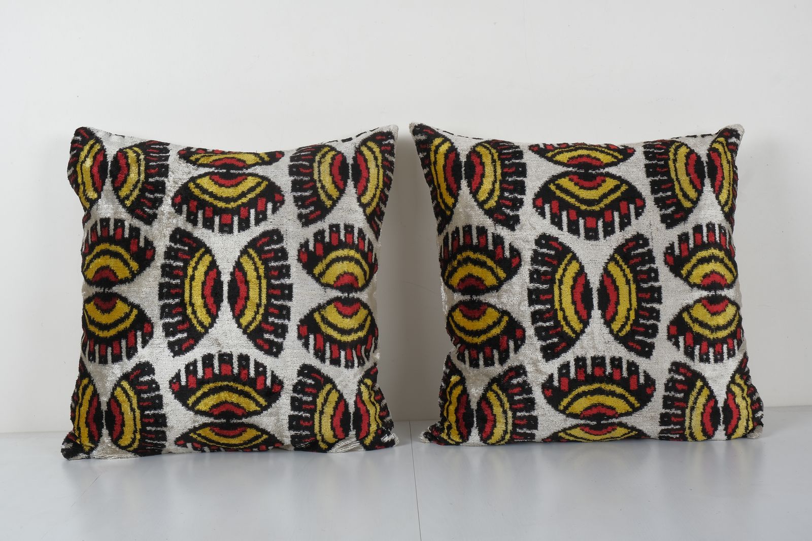 Velvet Ikat Cushion   Square Matching Beige Silk Ikat Velvet Pillow Cover   Uzbek Home Decor 21'' X 22''