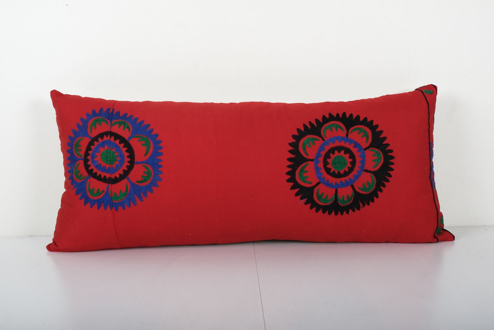 Turkish Red Suzani Hippie Cushion Cover, Samarkand Bedding Pillow Case Made From A 19th Century Suzani 14'' X 32''