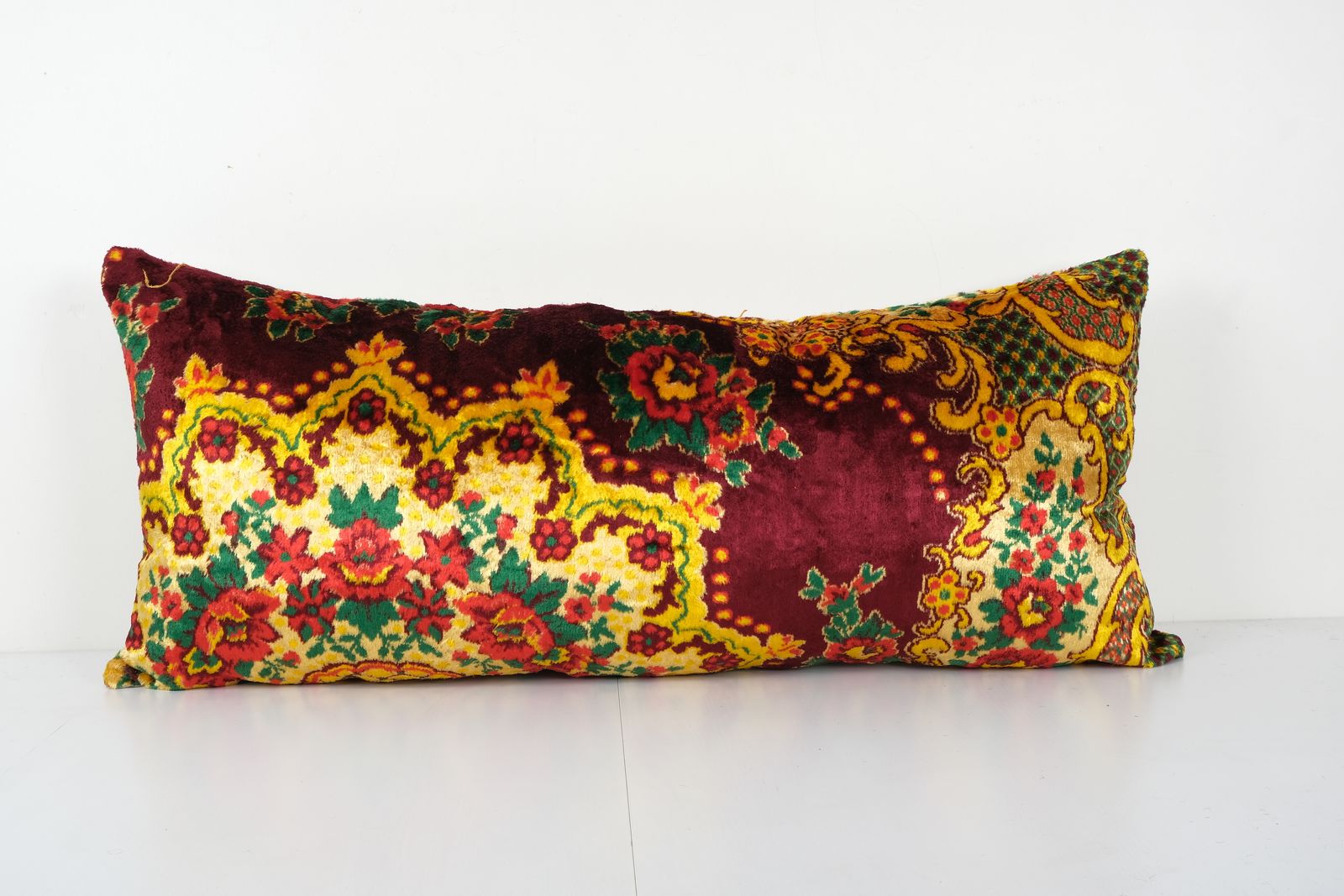 Extra Long Silk Velvet Lumbar Cushion Cover, Colorful Extraordinary Floral Design Velvet  18'' X 40''
