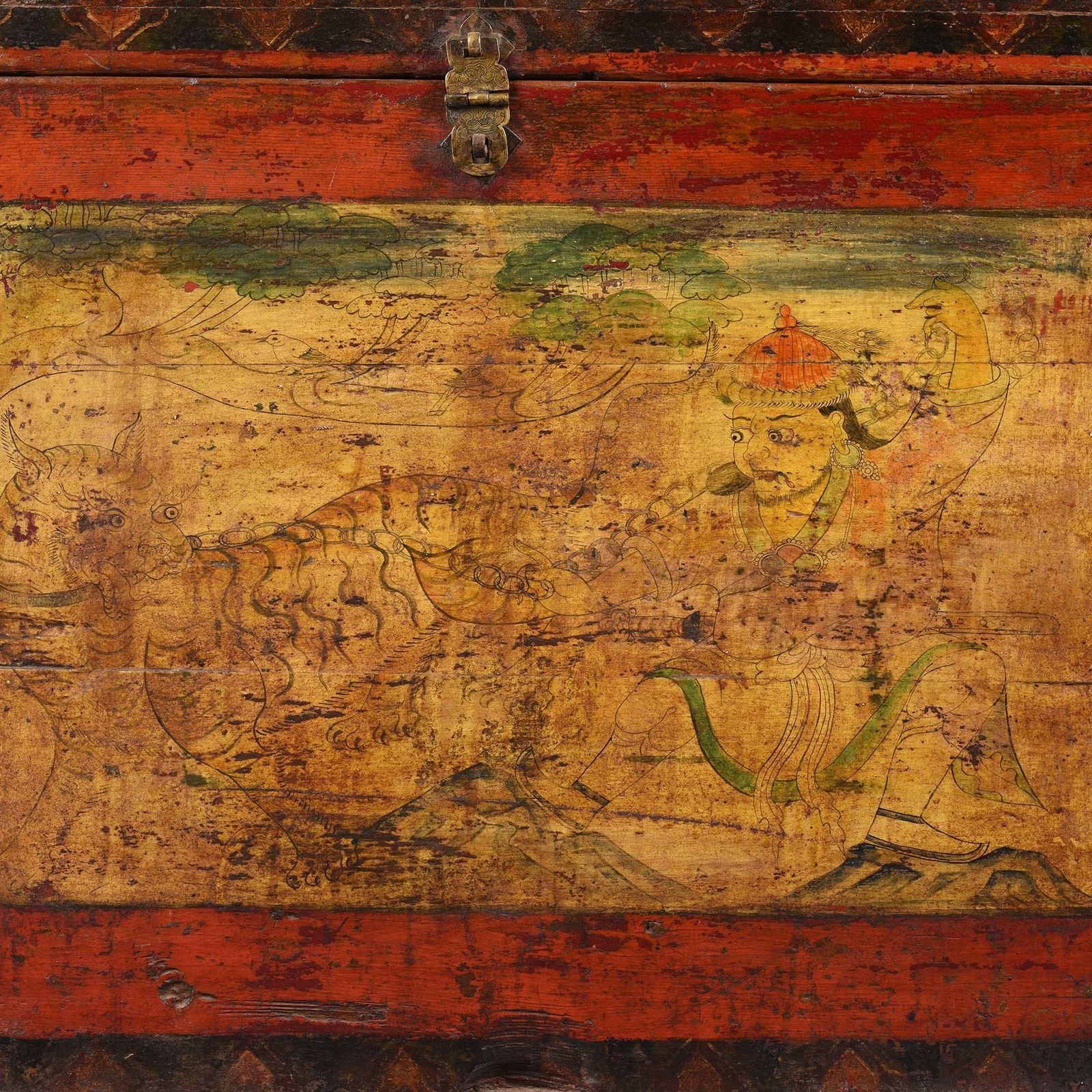 Tibetan Painted Chest Of Güsh Khaan With Tiger   Late 18thc photo Home Decor