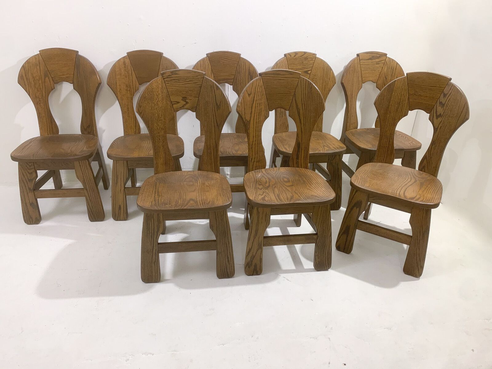 Set Of 8 Brutalist Wooden Dining Chairs