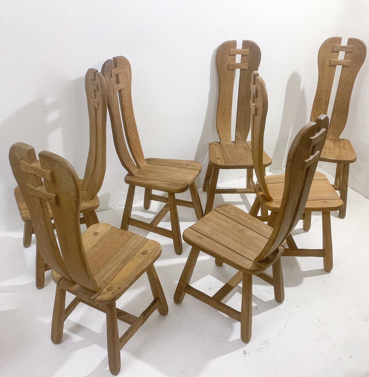 Set Of 7 Brutalist Oak Dining Chairs By De Puydt