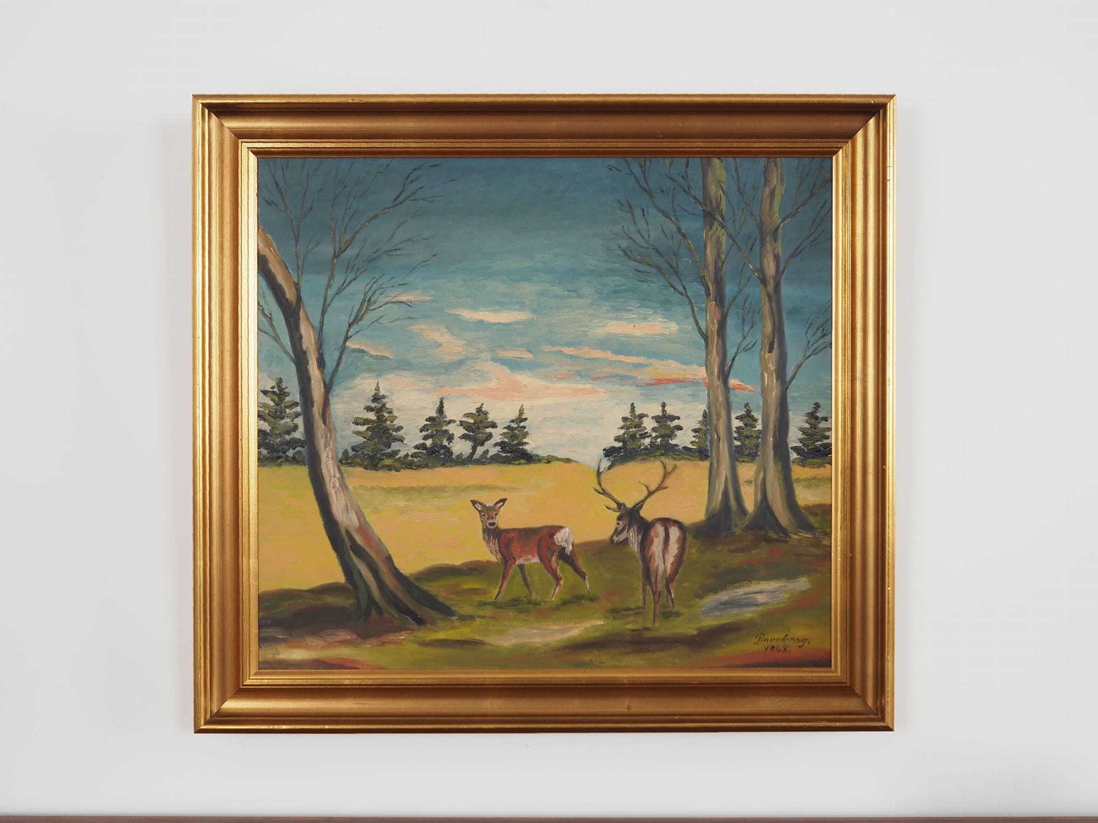 Painting „The Pair Of Deer”, Scandinavian Design, 1960s photo Art