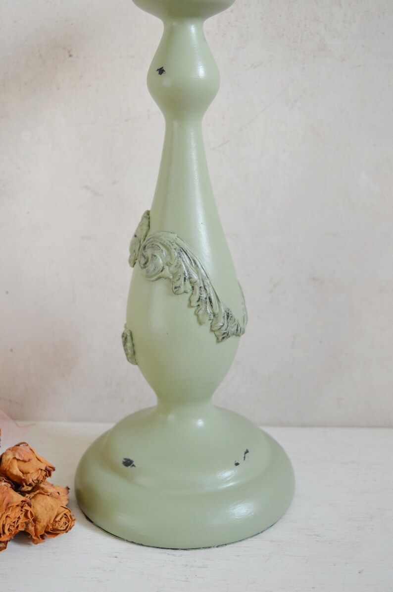 Large Lion Head & Leaf Pillar Candle Holder, Hand Painted In Sage Green, Hand Crafted Applique Moulds, 37x16cm photo buy