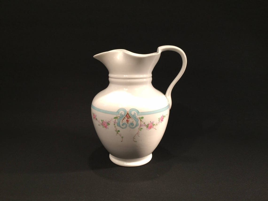 Antique Porcelain Chocolate Jug By Danish Maker Bing And Grondahl In The 1800s, Pink And Light Blue Pattern
