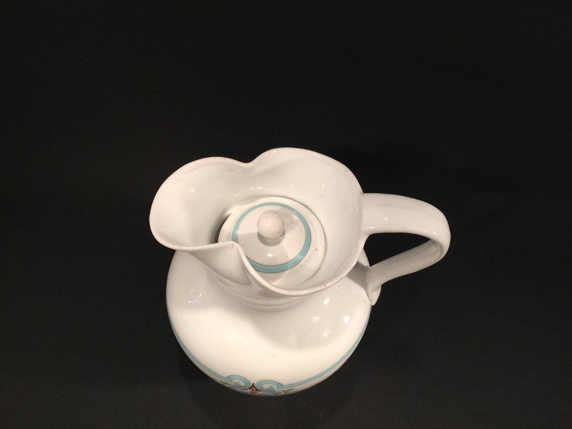 Antique Porcelain Chocolate Jug By Danish Maker Bing And Grondahl In The 1800s, Pink And Light Blue Pattern photo for sale