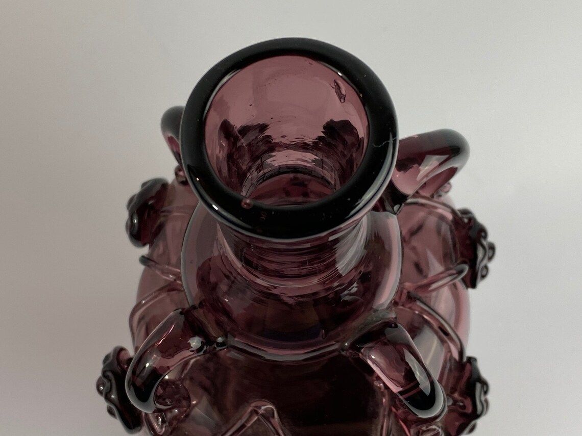 Beautiful Old Purple Glass Bottle / Vase With Glass Threads And Rosettes, First Half Of The 20th Century photo buy