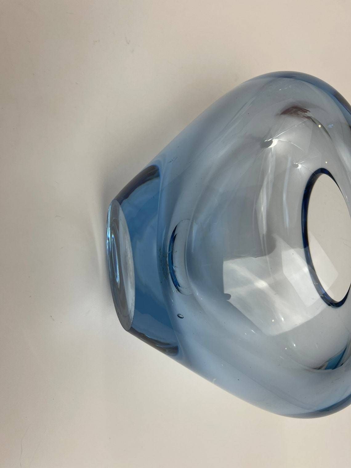 Big Heart Shaped Aqua Blue Vase By Per Lutken (Per Lütken) For The Danish Glassworks Holmegaard. Scandinavian Mid Century Interior Design photo vinterior