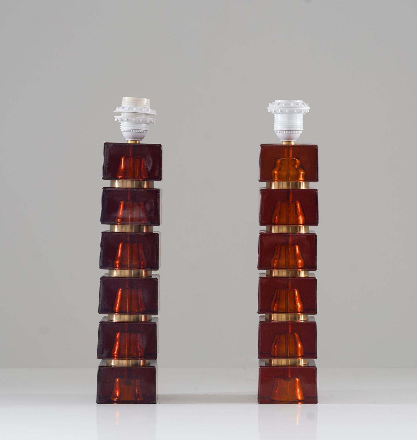 Pair Of Swedish Mid Century Table Lamps In Glass And Brass photo for sale