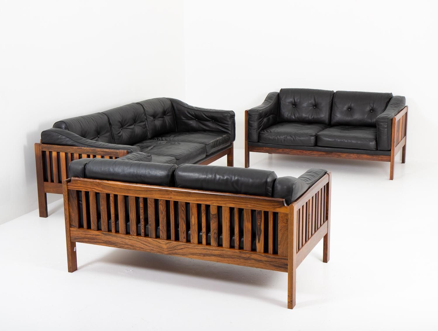 Scandinavian Rosewood And Black Leather Seating Group "Monte Carlo", 1965 photo for sale