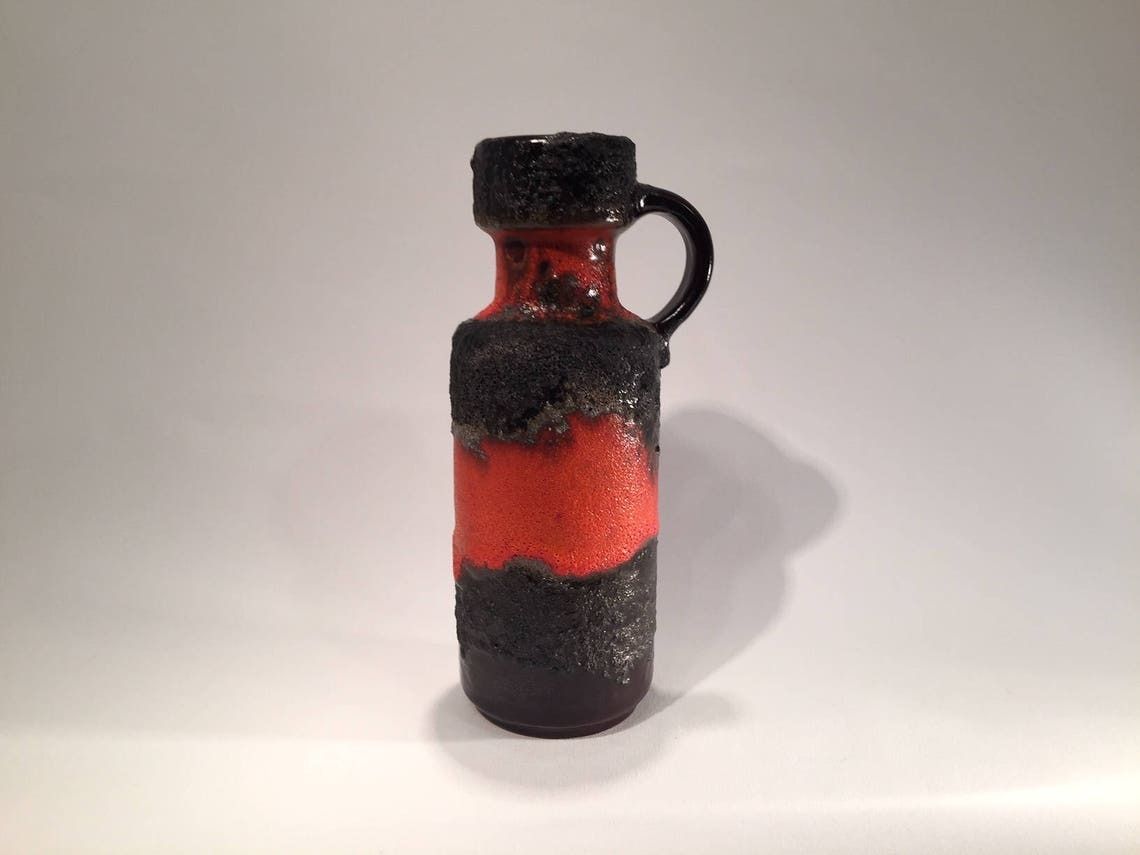 West Germany Fat Lava Vase, Organge Red And Grey Black, Signed With The Logo Of Carsten's Studio, European Mid Century Modern, 1970s/1960s