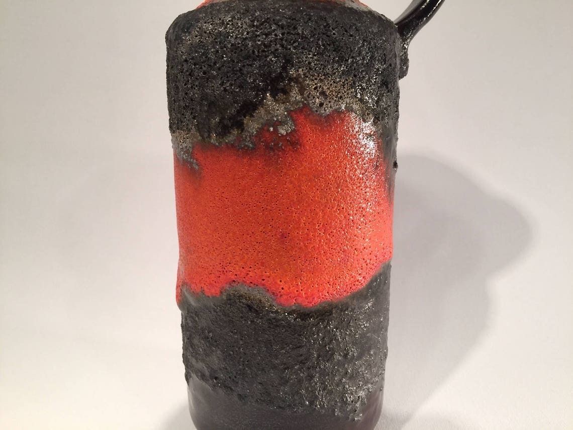 West Germany Fat Lava Vase, Organge Red And Grey Black, Signed With The Logo Of Carsten's Studio, European Mid Century Modern, 1970s/1960s photo furniture