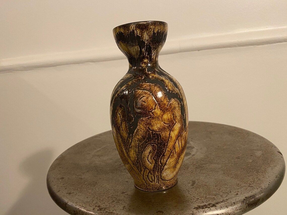 Vase With Motif Of Man And Giraffe In The Forest / Jungle From The Swedish Pottery Torngrens photo for sale