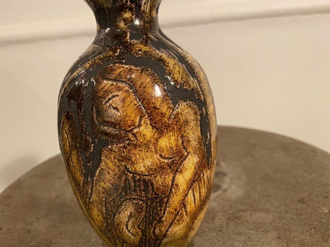 Vase With Motif Of Man And Giraffe In The Forest / Jungle From The Swedish Pottery Torngrens photo Home Decor