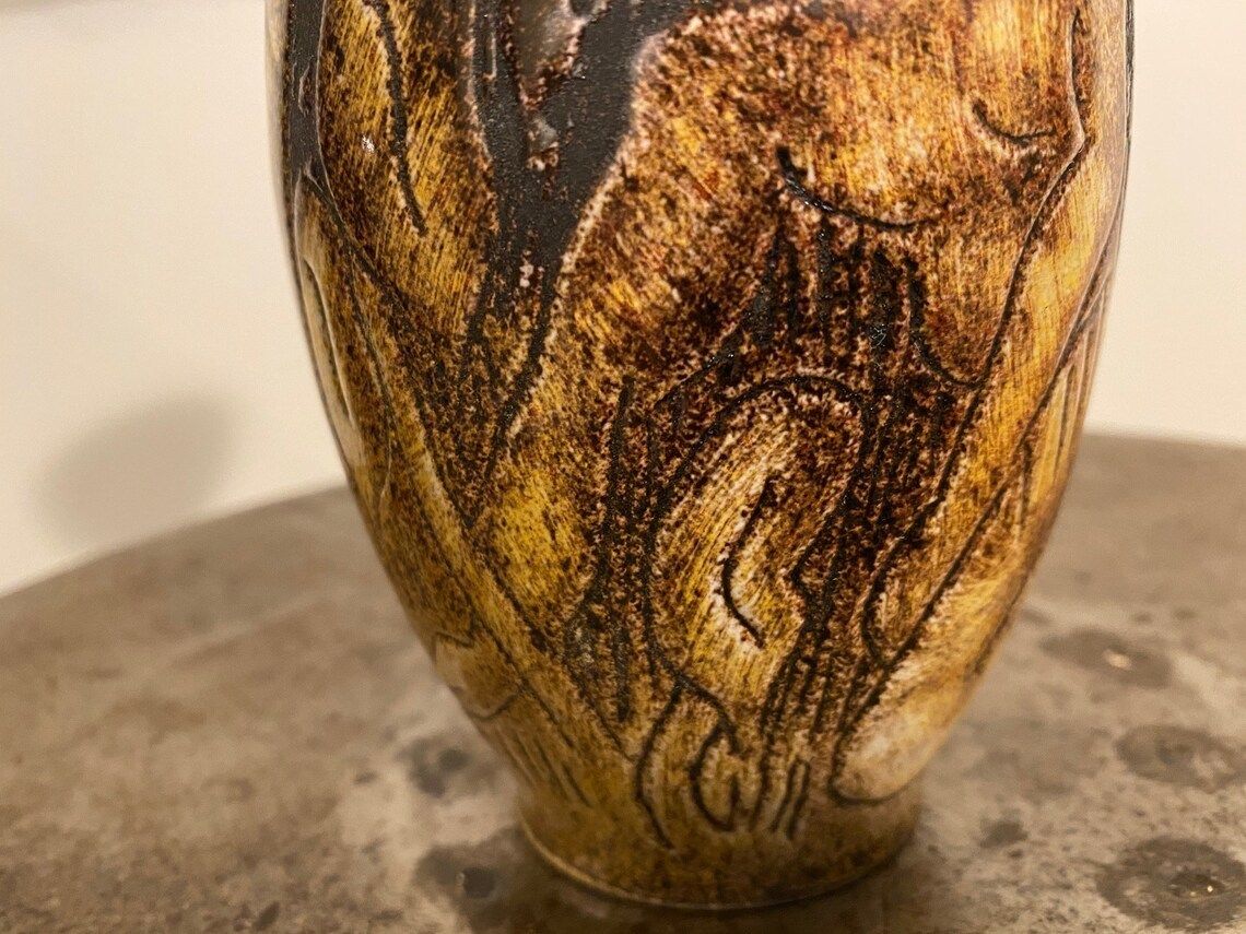 photo furniture Vase With Motif Of Man And Giraffe In The Forest / Jungle From The Swedish Pottery Torngrens
