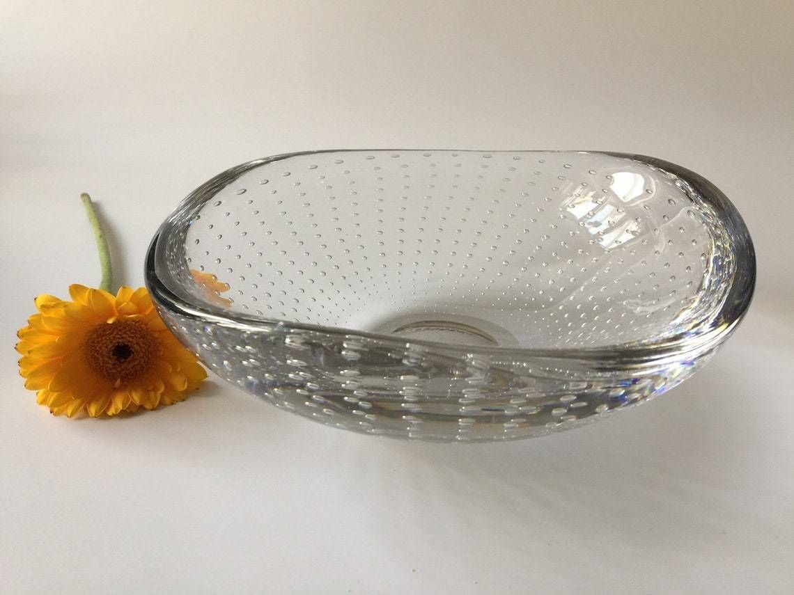Swedish Art Glass Bowl With Bubbles By Artist Vicke Lindstrand For Kosta In Sweden In The 1950s