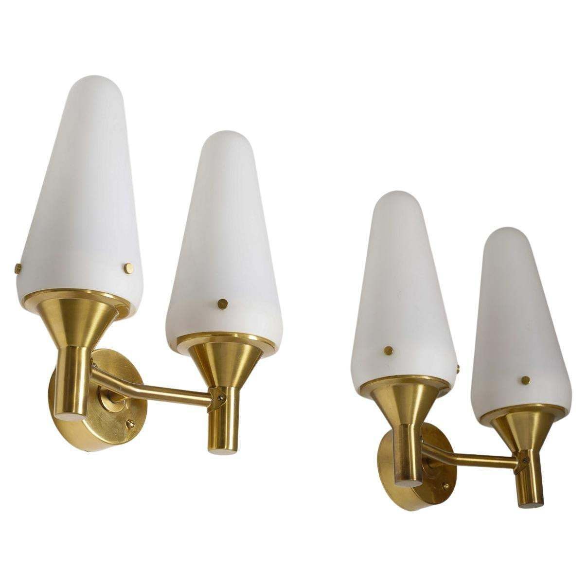 Pair Of Swedish Midcentury Wall Lamps In Brass And Glass