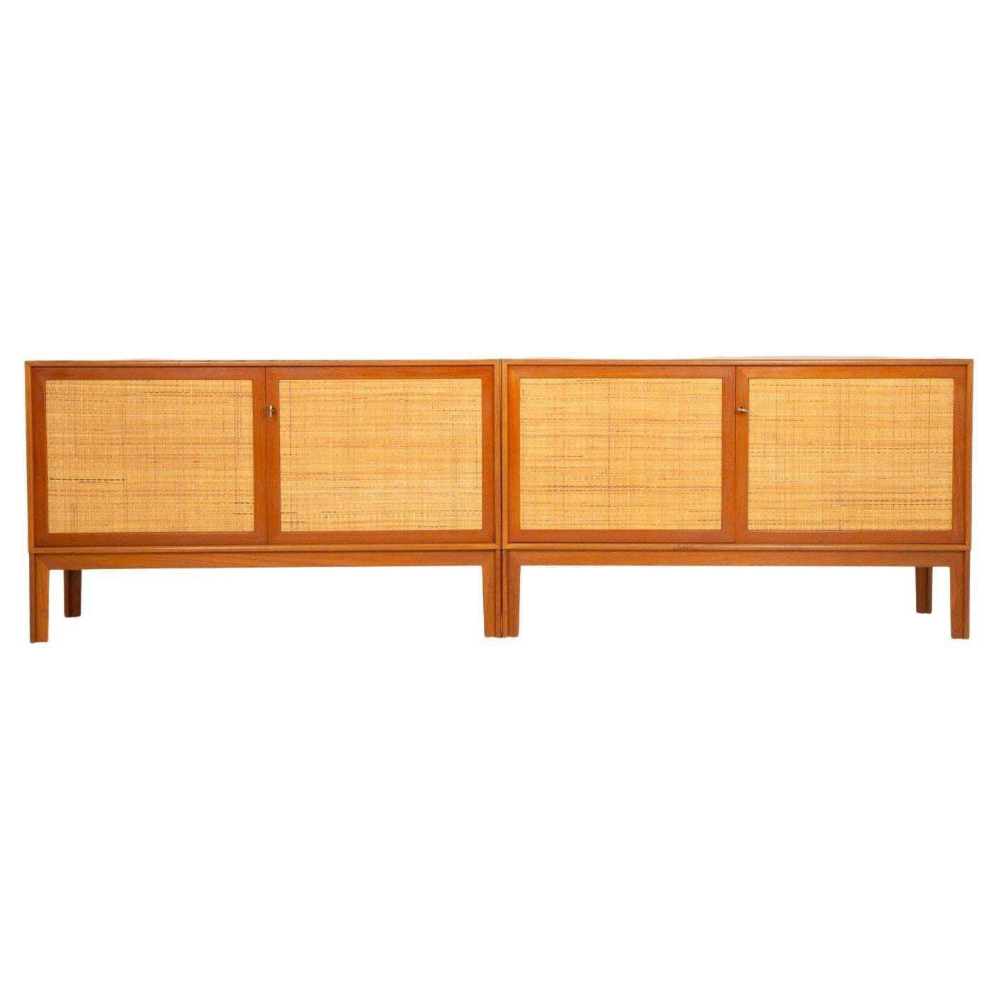 Pair Of Mid Century Scandinavian Sideboards In Teak And Rattan By Alf Svensson