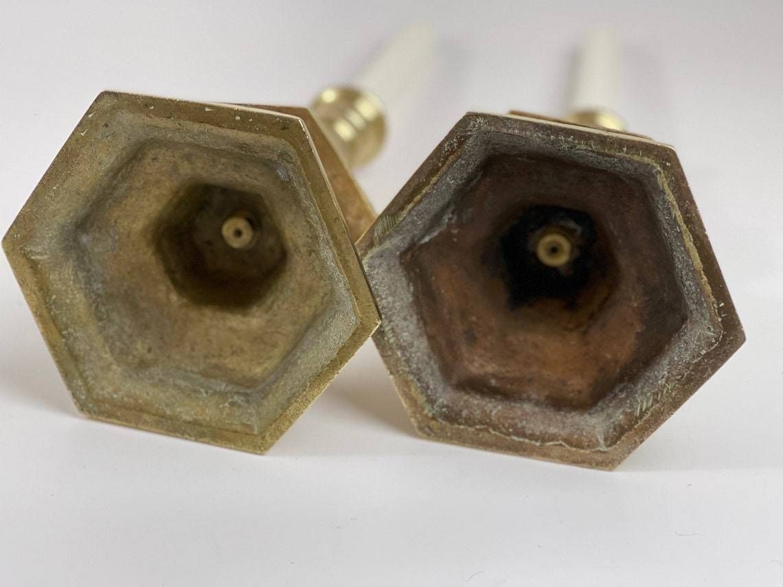 Pair Of Brass Candlesticks In Baroque Style Hexagonal With Angels Weight Approx 2 Kilos Per Candlestick photo vintage