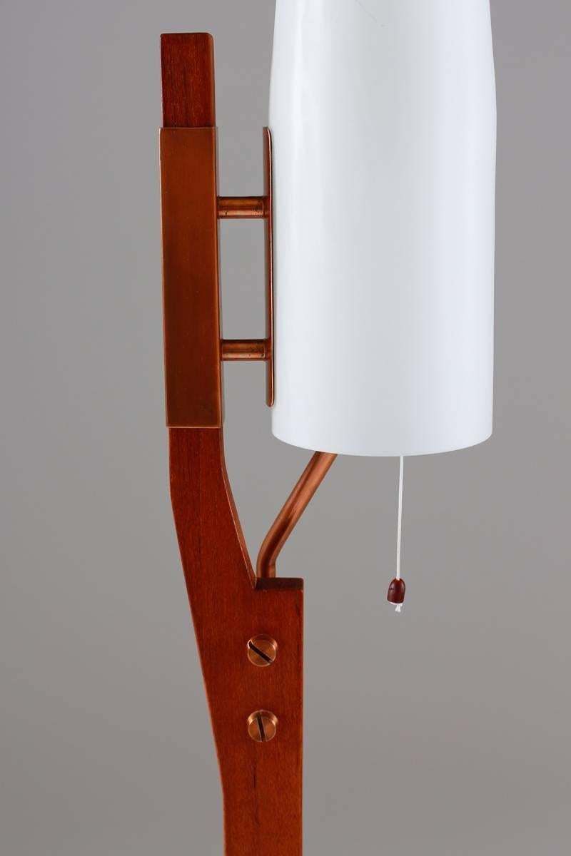 Very Rare Floor Lamp By Orrefors In Teak, Copper And Opaline Glass photo vintage