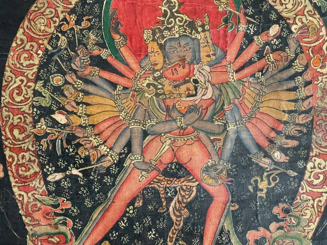 Shakti Thangka  Asian Buddhist  Hindu Thangka Painting Mounted In Hand Stitched Cloth 20th Century photo for sale