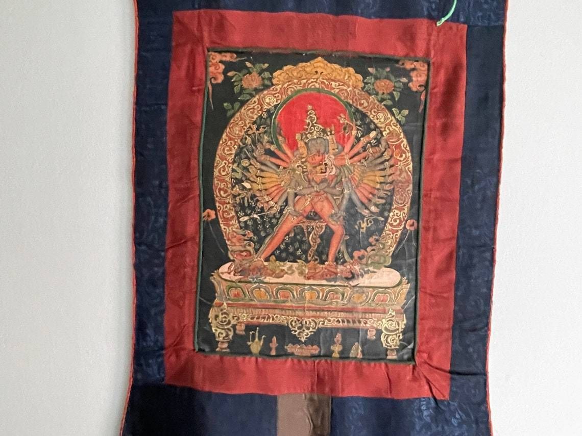 Shakti Thangka  Asian Buddhist  Hindu Thangka Painting Mounted In Hand Stitched Cloth 20th Century photo vintage