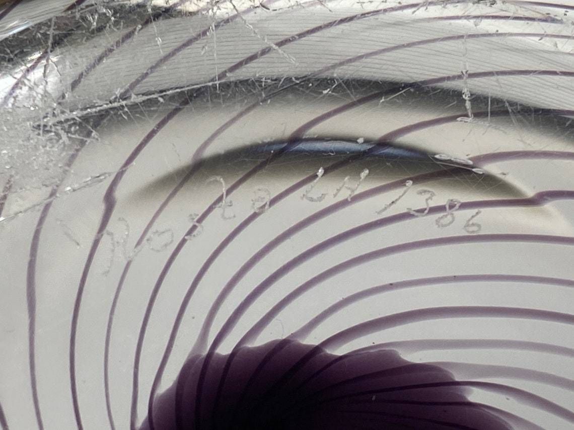 photo for sale Art Glass Bowl By Vicke Lindstrand For The Swedish Glassworks Kosta  Clear Glass With Purple Threads  Mic Century Modern From Sweden
