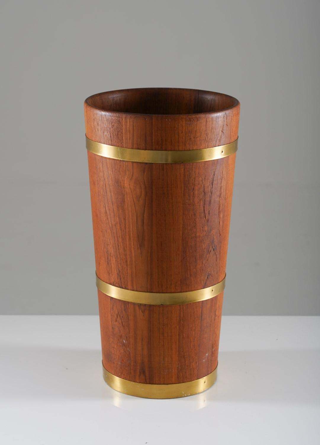Midcentury Scandinavian Umbrella Stand In Teak And Brass photo for sale